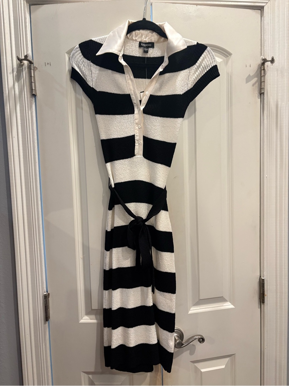 Bebe Black White Striped Rugby Sweater Dress Silk Trim Belted Size S NWT